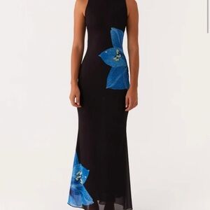 Elegant Black and Blue Floral Maxi Dress